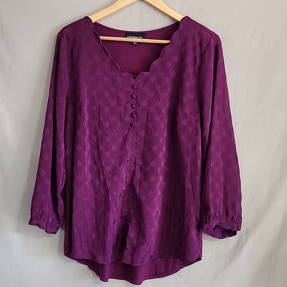Fortune Ivy Purple Scalloped V-Neck Long Sleeve Blouse Top Large 1787D7H